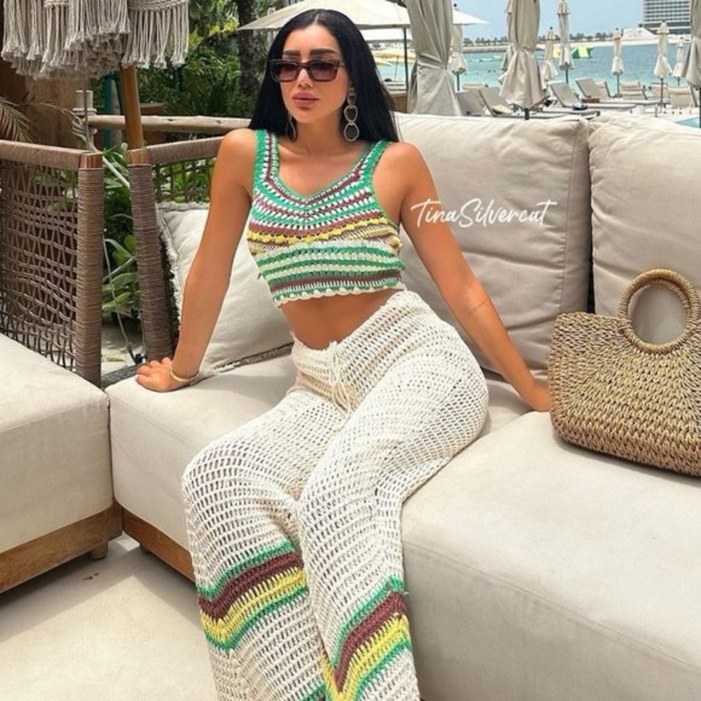 Zara Crochet Knit Pants in Cream and Green